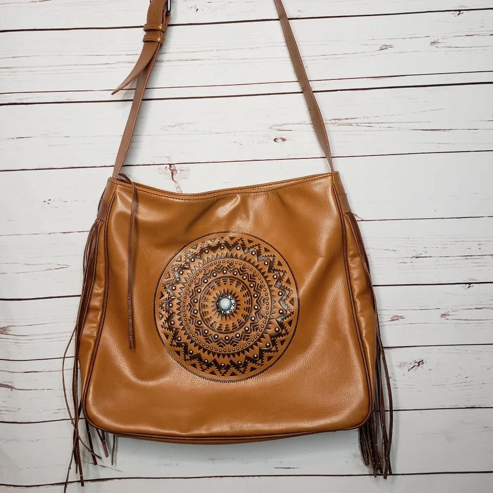 Brown Faux Leather Boho Handbag - Picture 3 of 14